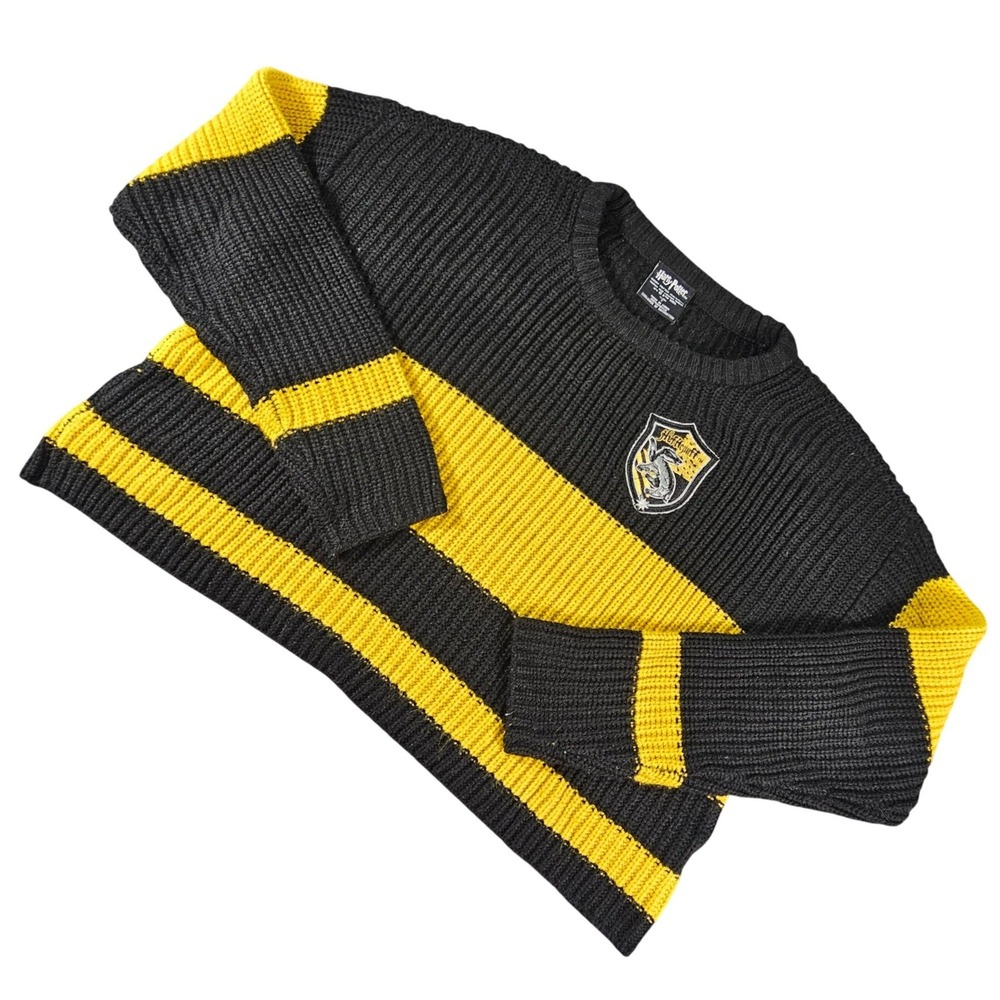 Harry Potter Hufflepuff Cropped Striped Knit Sweater Crest Yellow‎ Black Small S